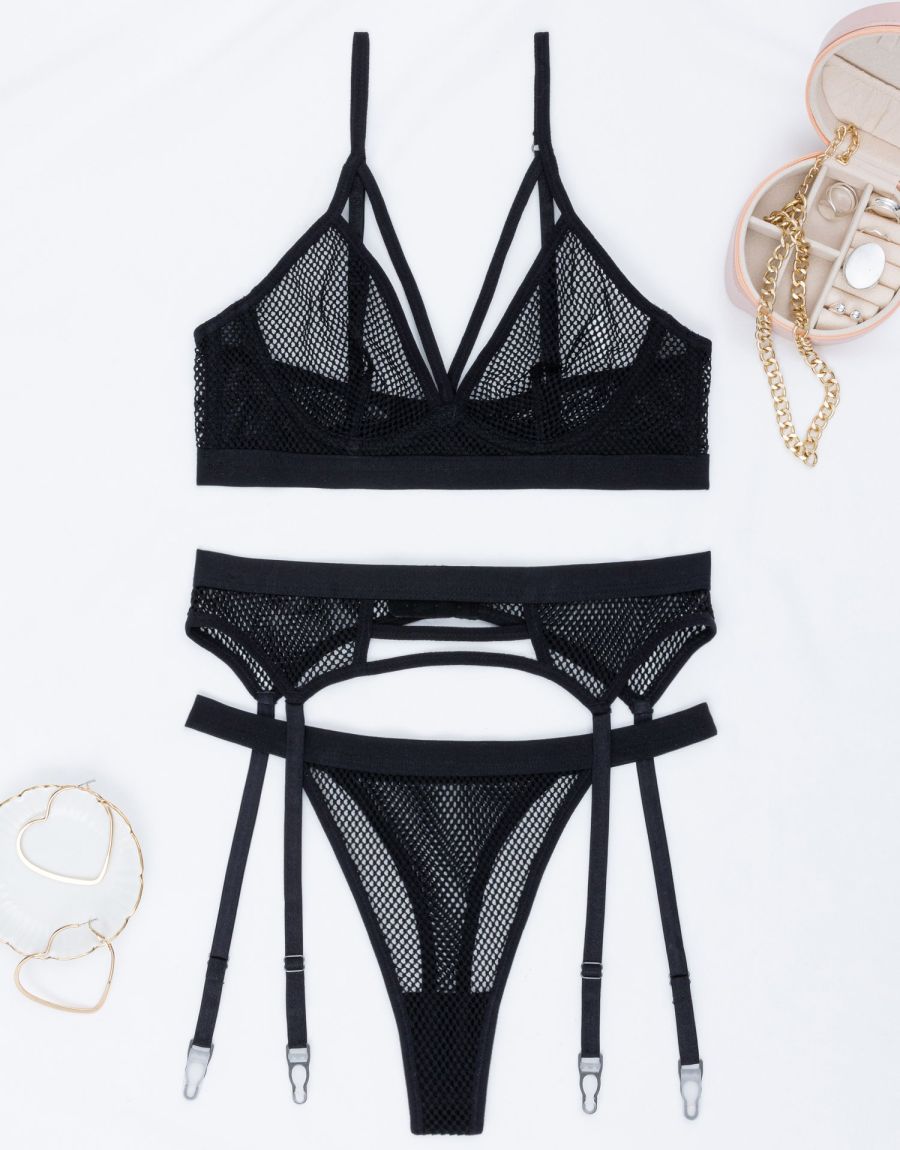 Σατέν Σετ Εσωρούχων Με Ζαρτιέρα Και Καλτσοδέτες Σετ Σουτιέν Από Διχτυ Με String Ψηλόμεσο Και Ζαρτιέρα