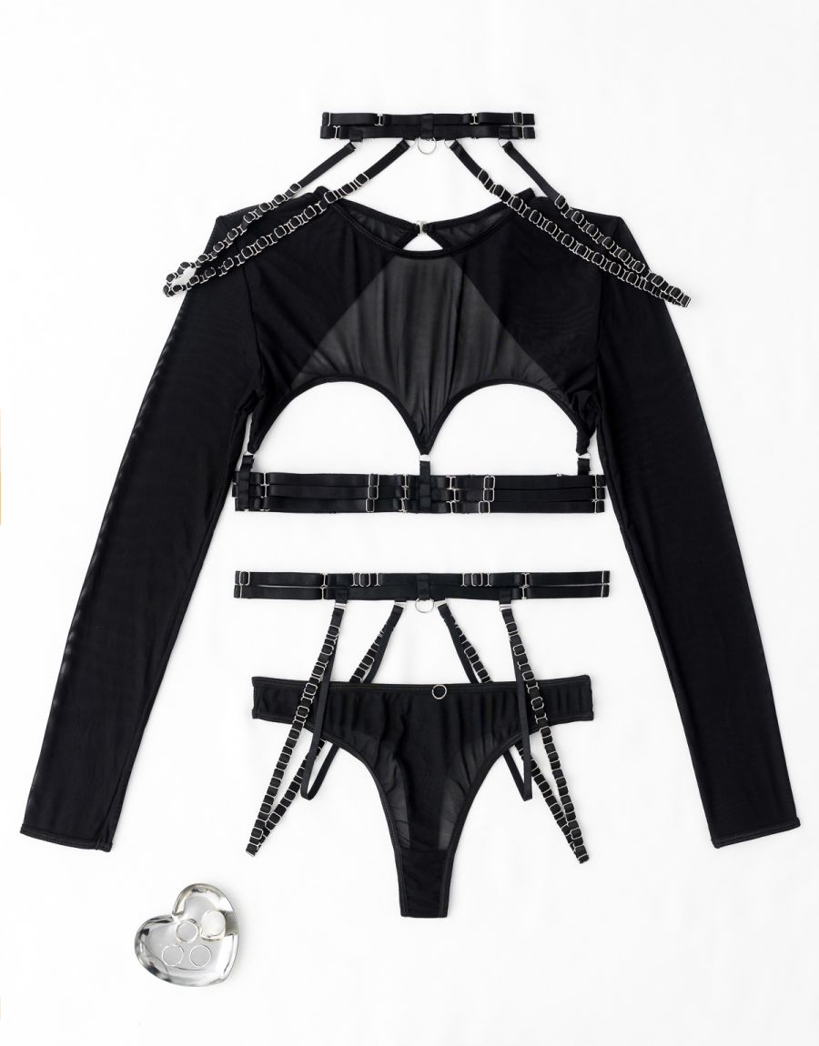 Σετ Μπουστοζαρτιέρα Με String Και Καλτσοδέτες Cupless Crop Top Με Choker, Ζώνη Και Ψηλόμεσο String