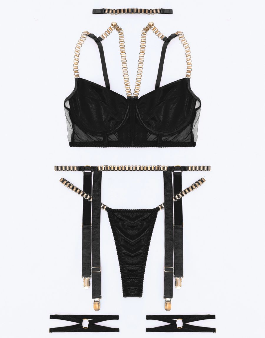 Σετ Μπουστοζαρτιέρα Με String Και Καλτσοδέτες Σετ Μπούστο Με Αλυσίδα, Choker, String, Ζαρτιέρα Και Καλτσοδέτες