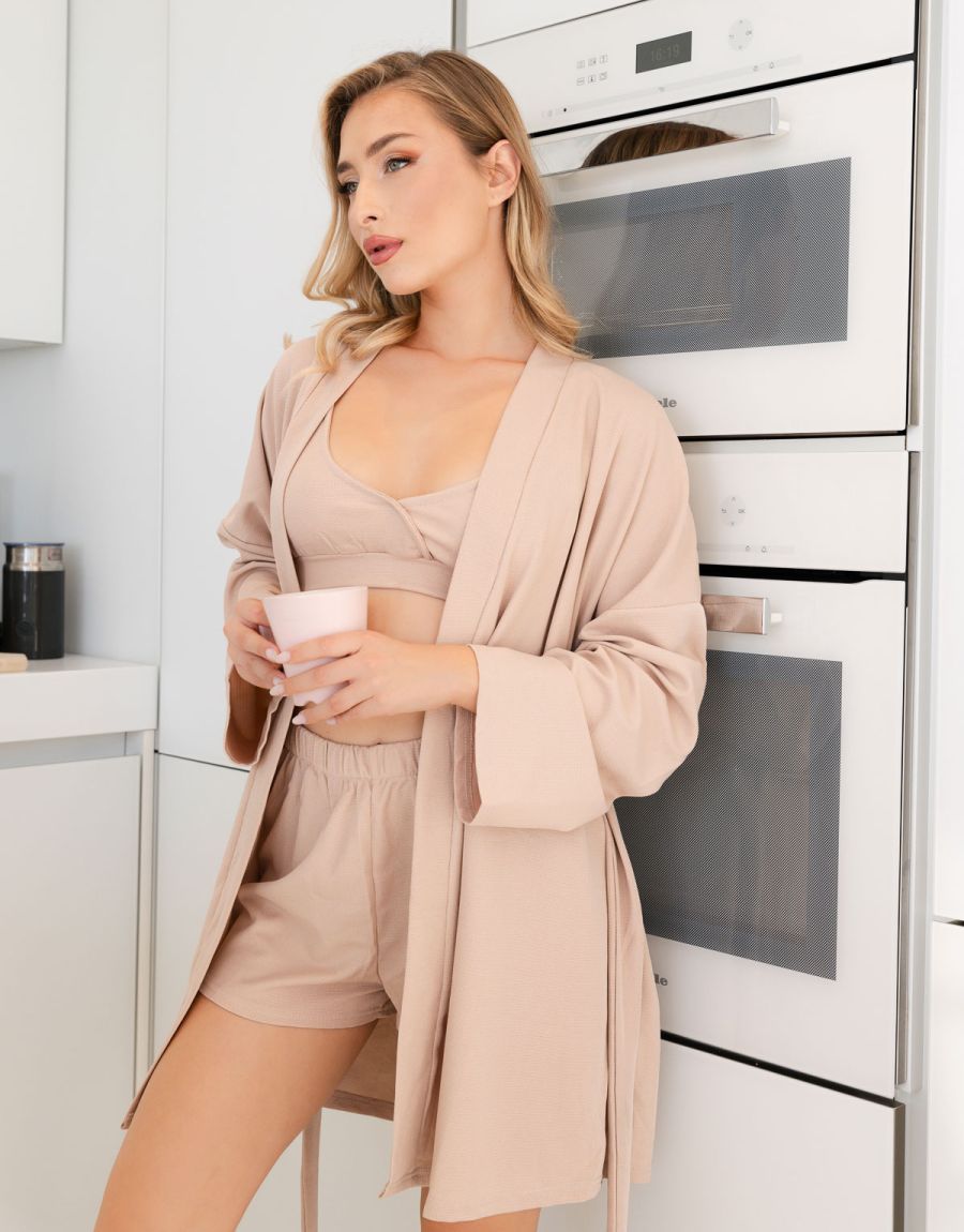 Σετ Σατέν Πυτζάμα Με Tshirt, Μπουστάκι Και Παντελόνι Σετ Πυτζάμα Με Babydoll Και Ρόμπα (3 Pieces Set)