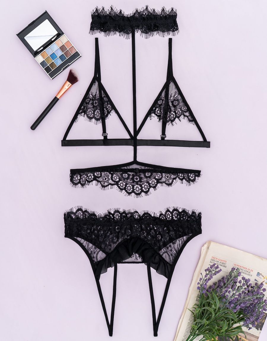 Σετ Cupless Με Τόξο Μπανέλα Και String Διαφάνεια Σετ Cupless Bralette Σετ Με Choker Και Bottom