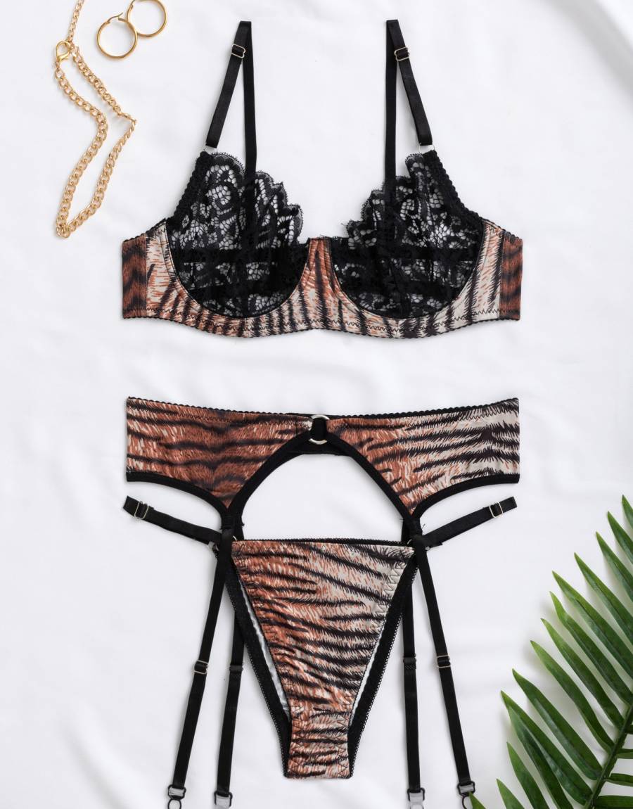 Σετ Σουτιέν Δαντέλα με Animal Print Brazil και Ζαρτιέρα