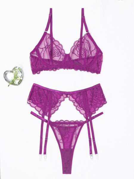 Σετ Σουτιέν Διαφάνεια Με Ανάγλυφα Σχέδια, String Και Ζαρτιέρα Magenta