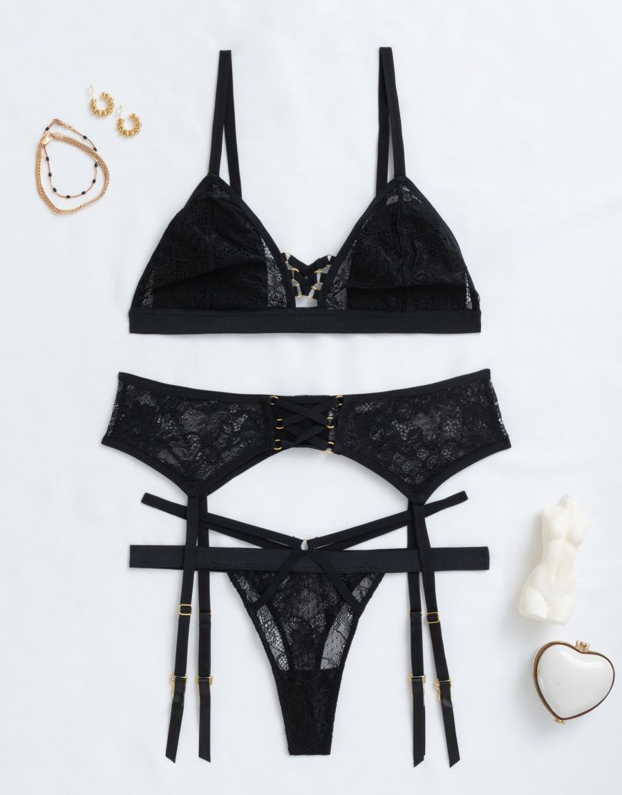 Bralette Set Με String Δαντέλα &Amp; Ζαρτιέρες