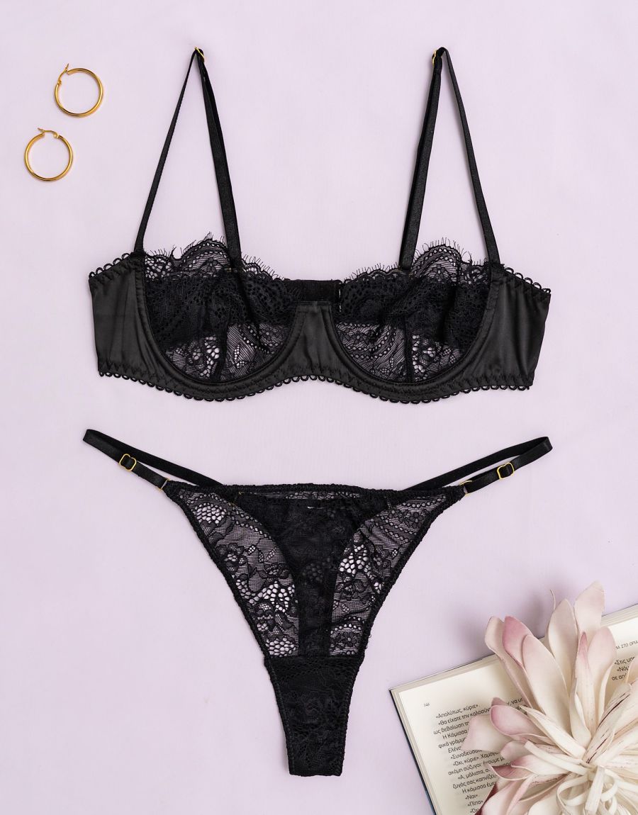 Σετ Σουτιέν Σατέν Με Διάτρητη Δαντέλα Και Ρυθμιζόμενο String